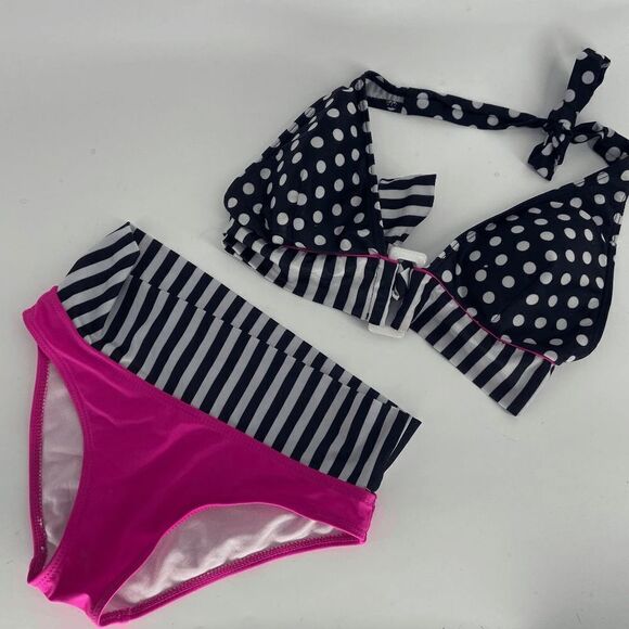Unbranded Polka Dot Striped Top and Bottom womens Pink Black Bikini Set Small - Picture 1 of 6